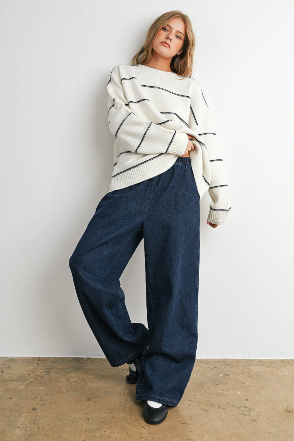 Striped Pattern Drop Shoulder Sweater - BMW7421: TAUPE MULTI / M