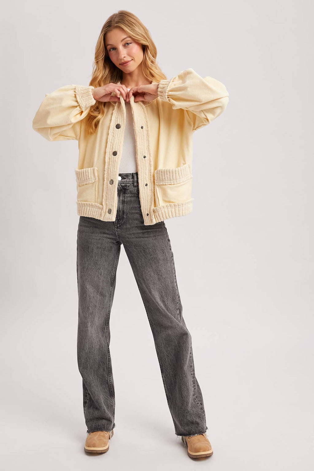 BUTTON DOWN RIBBED KNIT TRIM CARDIGAN