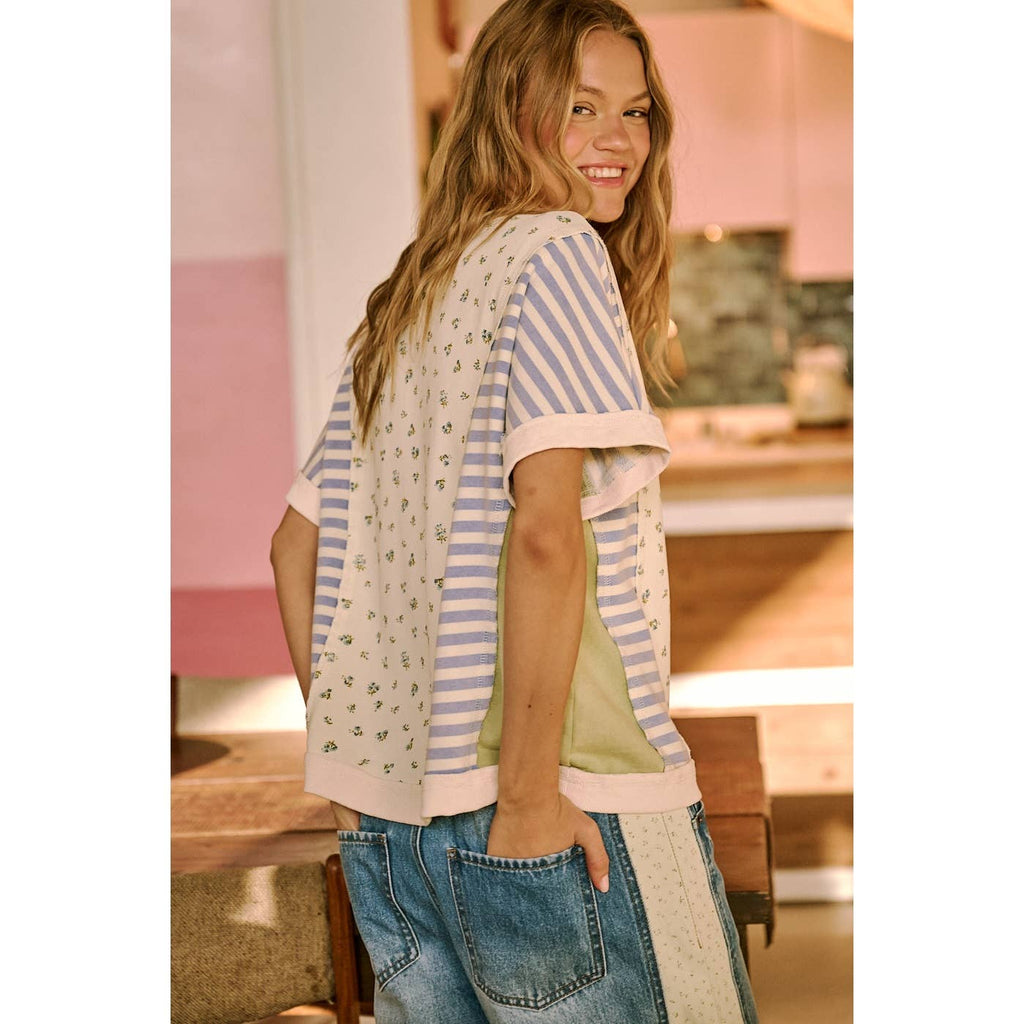 PATCHWORK COLOR BLOCK SHORT SLEEVE TOP: CREAM
