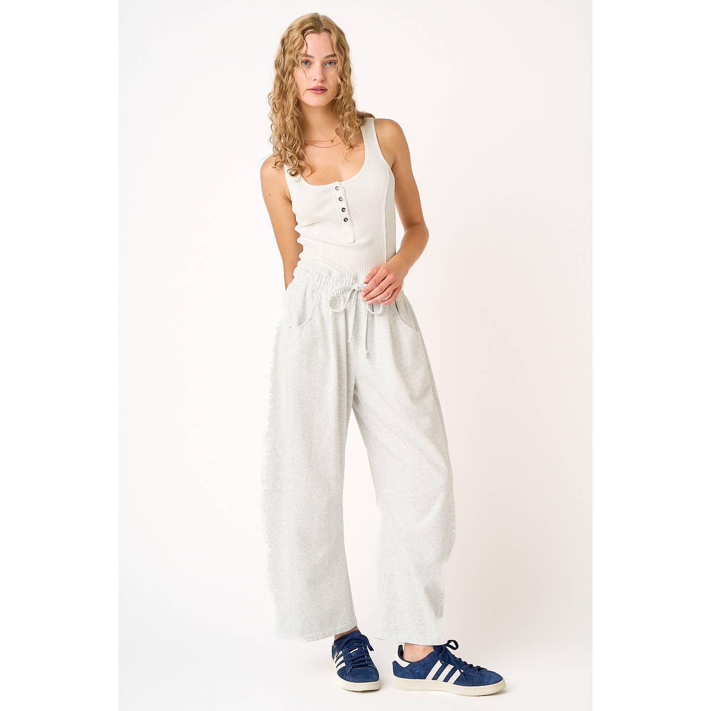 COTTON FRENCH TERRY PULL-ON BARREL LEG PANTS: BUTTER YELLOW