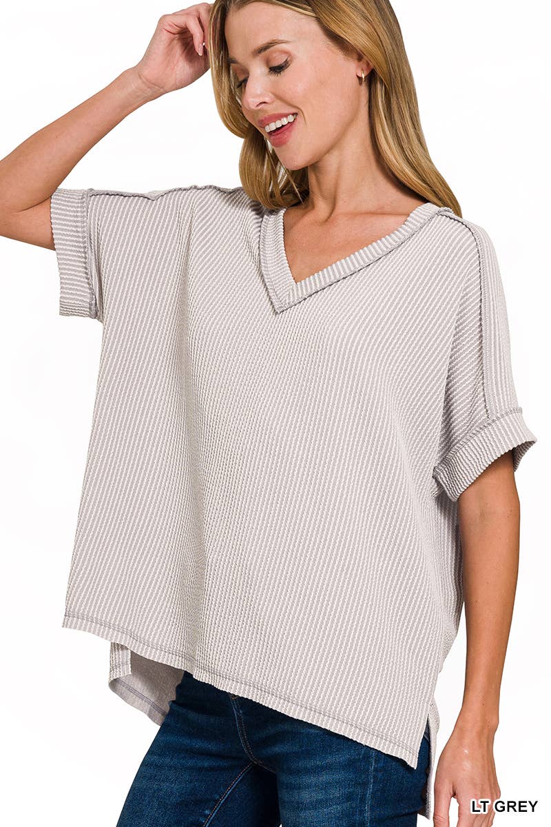 Corded Rib Short Sleeve Hi Low V Neck Top: BRIGHT BLUE