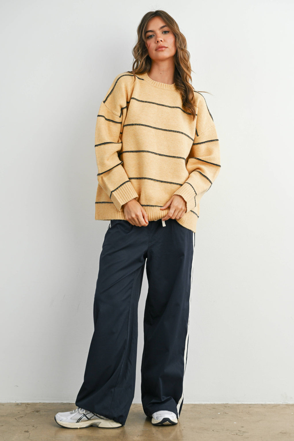 Striped Pattern Drop Shoulder Sweater - BMW7421: TAUPE MULTI / M