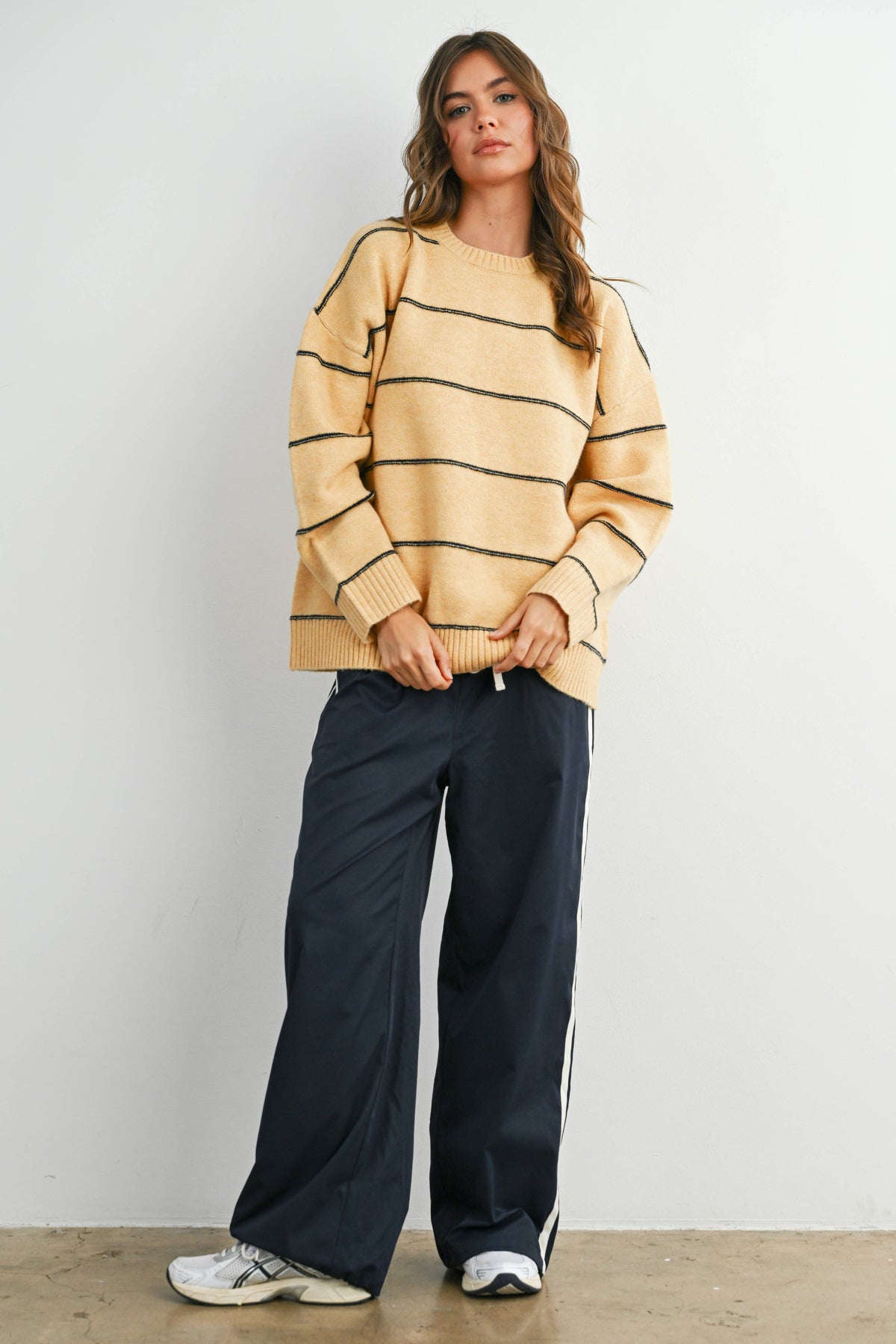 Striped Pattern Drop Shoulder Sweater - BMW7421: TAUPE MULTI / M