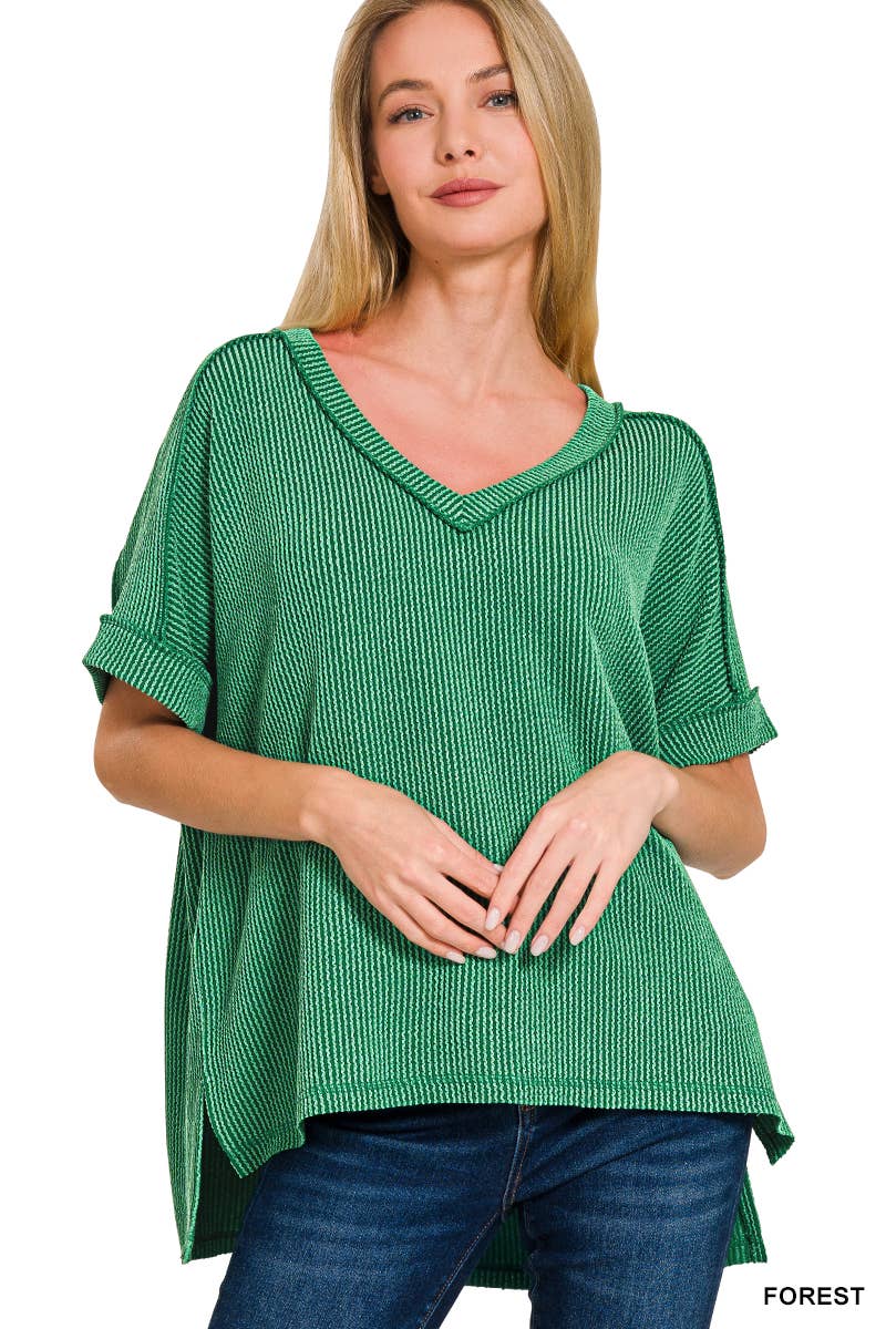 Corded Rib Short Sleeve Hi Low V Neck Top: BRIGHT BLUE