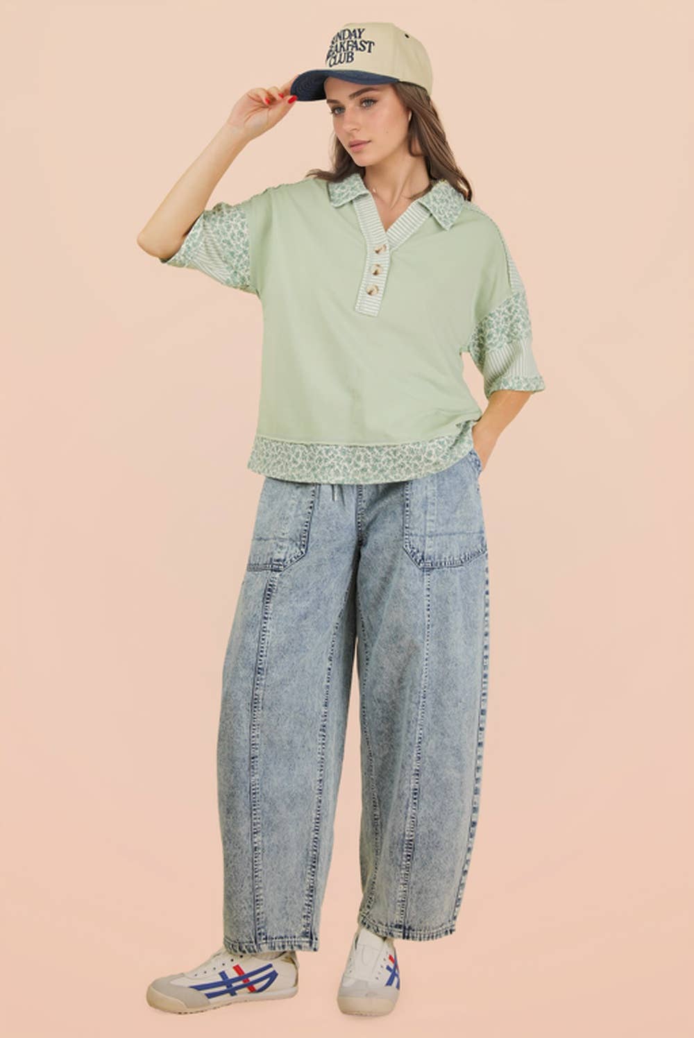 Oversized Half Button Down Collared Knit Top: SAGE