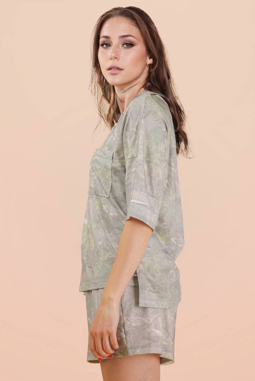 Camo Print Casual Knit Top & Shorts Set: OLIVE MIX