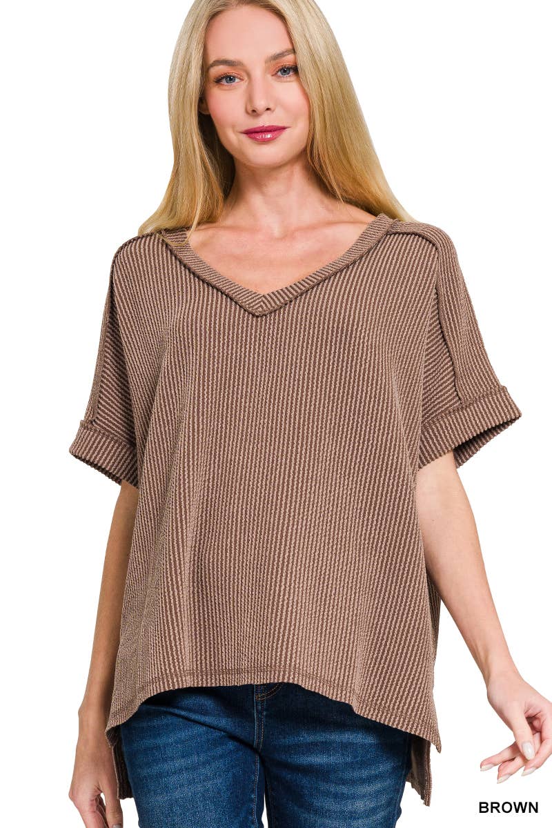 Corded Rib Short Sleeve Hi Low V Neck Top: BRIGHT BLUE