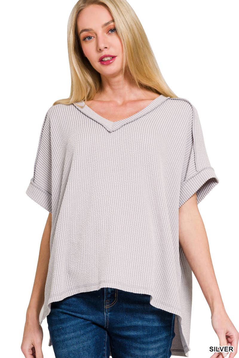 Corded Rib Short Sleeve Hi Low V Neck Top: BRIGHT BLUE