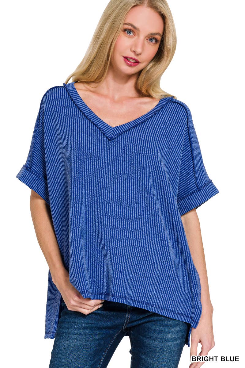 Corded Rib Short Sleeve Hi Low V Neck Top: BRIGHT BLUE