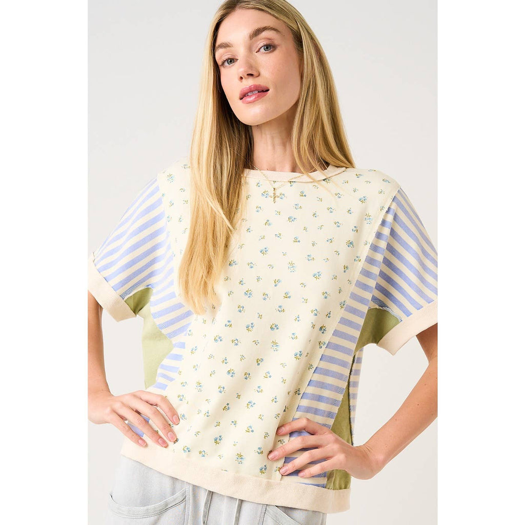 PATCHWORK COLOR BLOCK SHORT SLEEVE TOP: CREAM