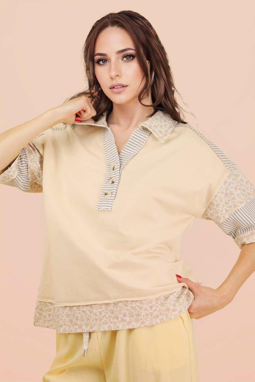 Oversized Half Button Down Collared Knit Top: SAGE