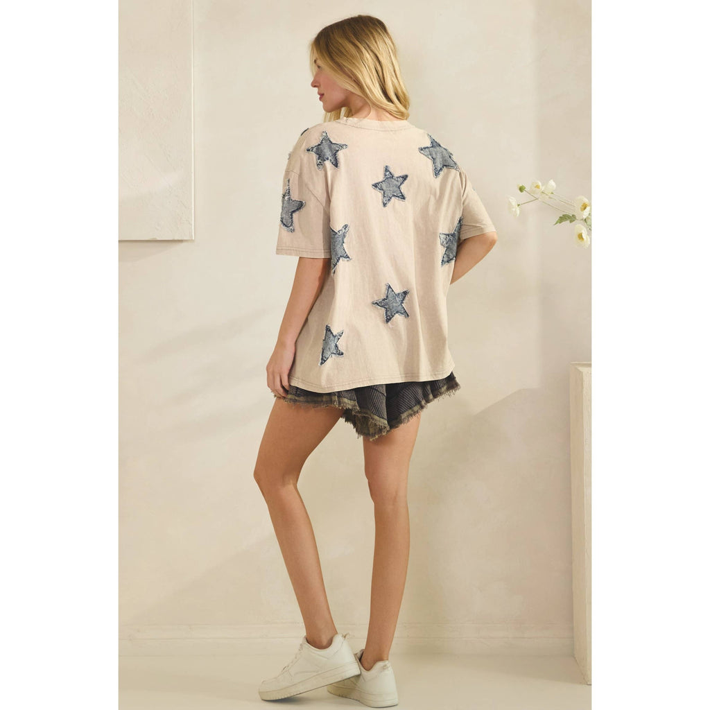 STARLIT DENIM APPLIQUE TEE DUSTY PINK