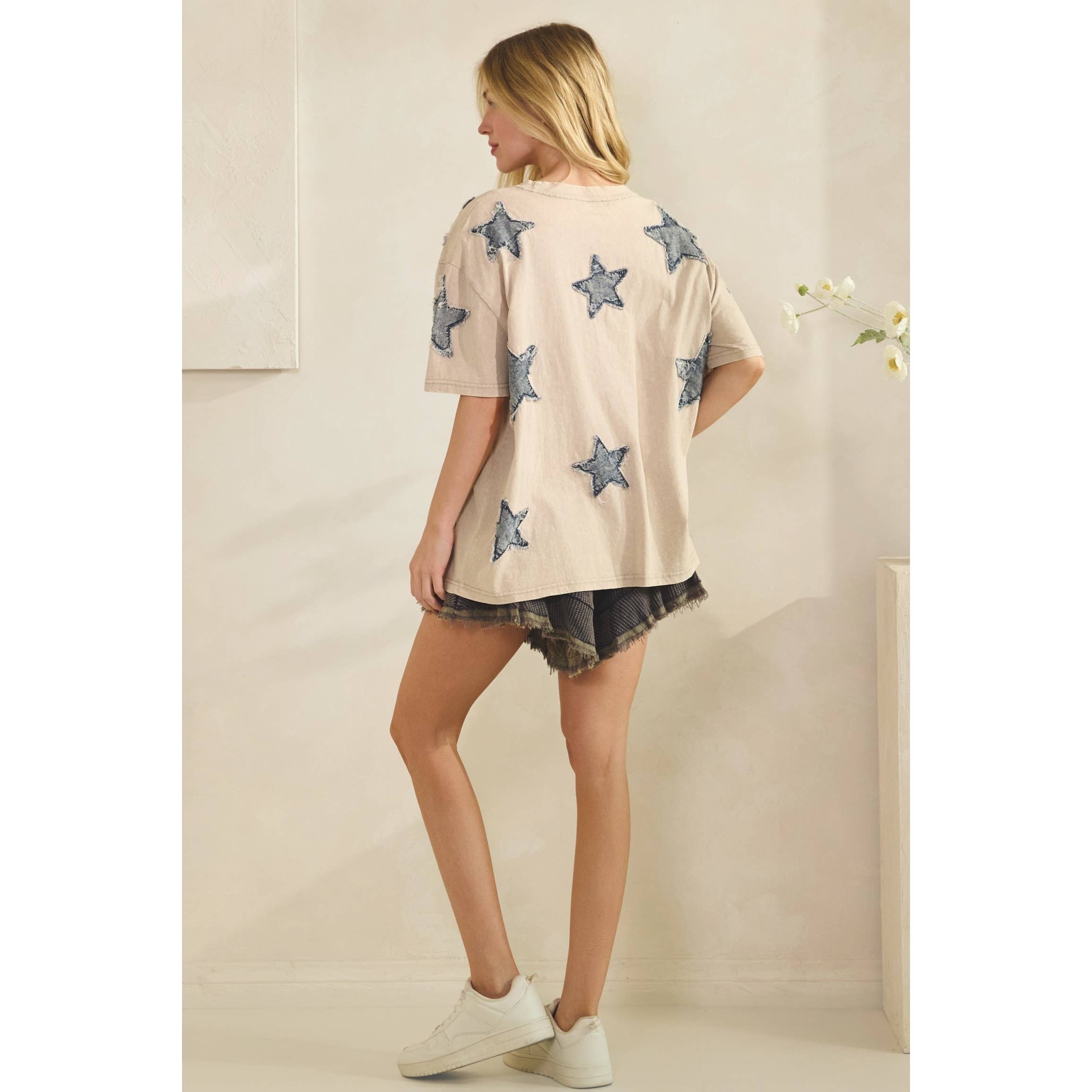 STARLIT DENIM APPLIQUE TEE DUSTY PINK