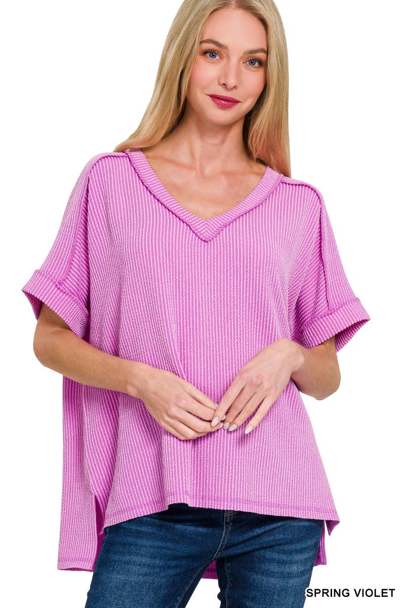 Corded Rib Short Sleeve Hi Low V Neck Top: BRIGHT BLUE