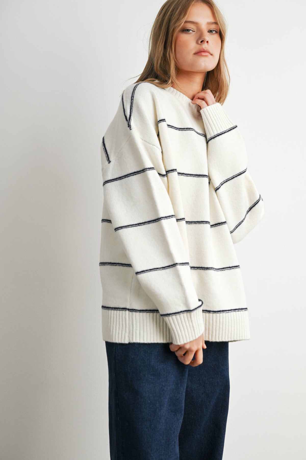 Striped Pattern Drop Shoulder Sweater - BMW7421: TAUPE MULTI / M