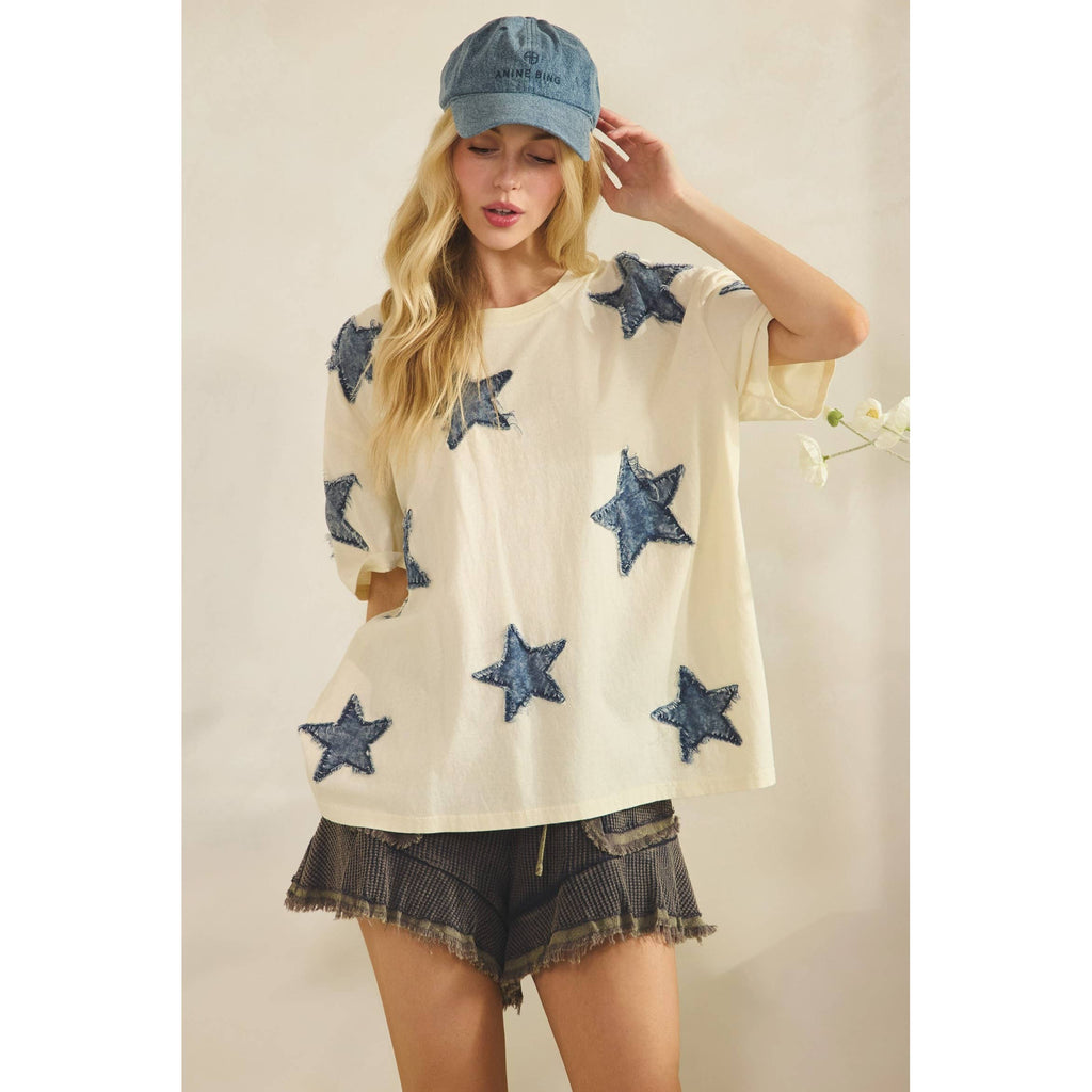 STARLIT DENIM APPLIQUE TEE DUSTY PINK