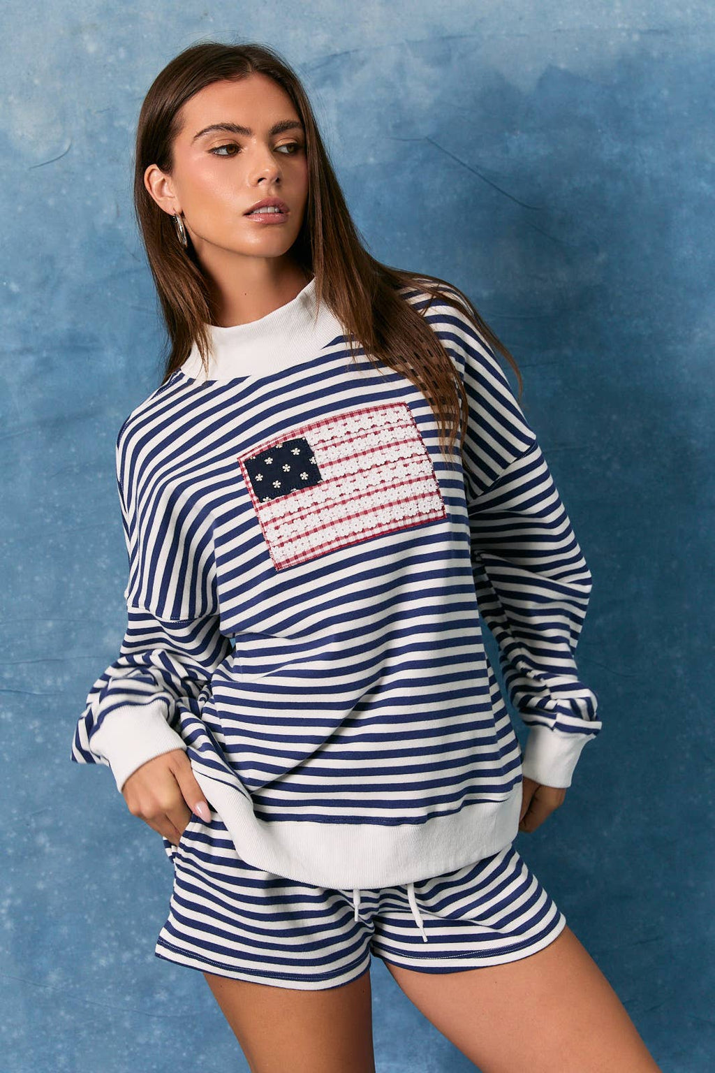 STRIPE MOCK NECK SWEATSHIRTS WITH "USA": NAVY-WHITE STRIPE / XS