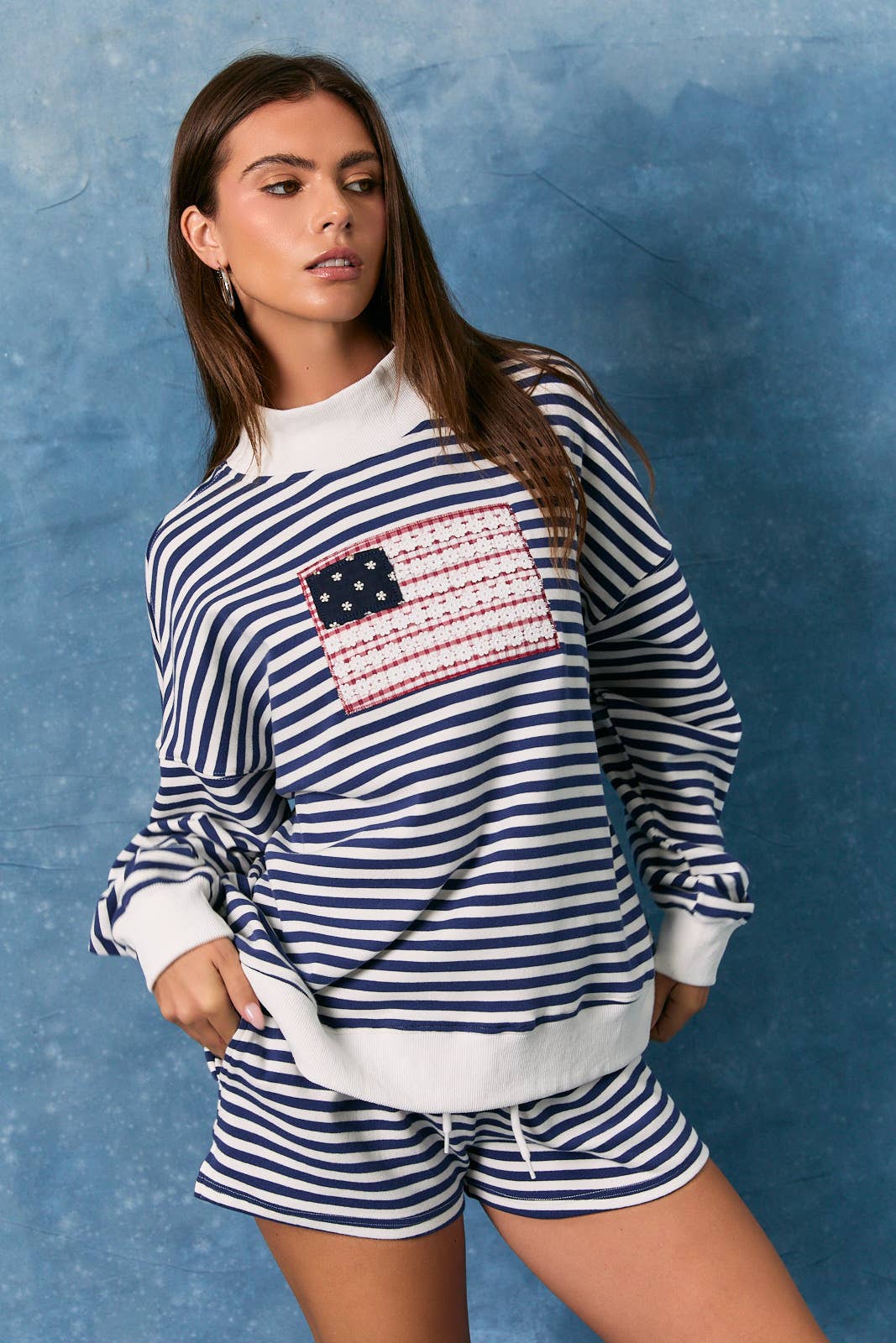 STRIPE MOCK NECK SWEATSHIRTS WITH "USA": NAVY-WHITE STRIPE / XS
