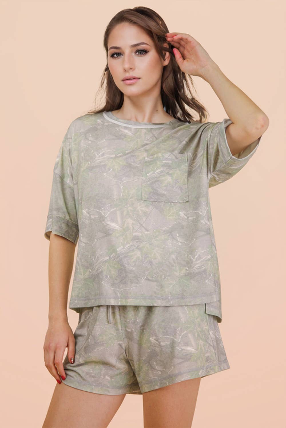 Camo Print Casual Knit Top & Shorts Set: OLIVE MIX