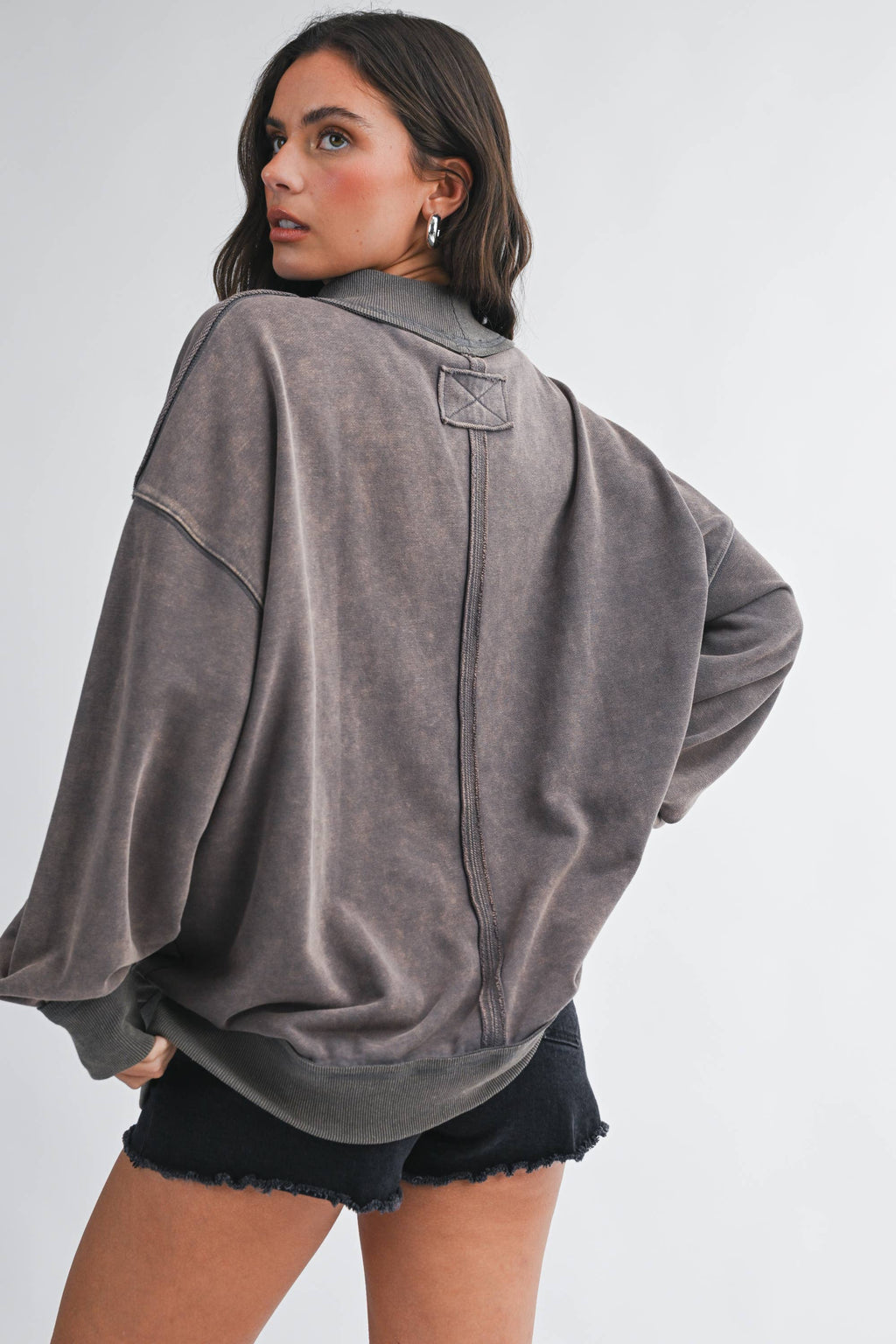 Oversized Mock Neck Washed Sweatshirt: Electric Pink