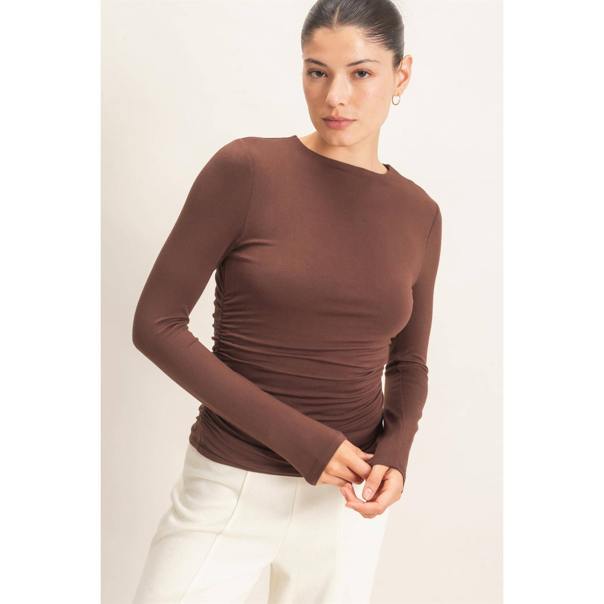 Ruched Long Sleeve Top: BLACK /