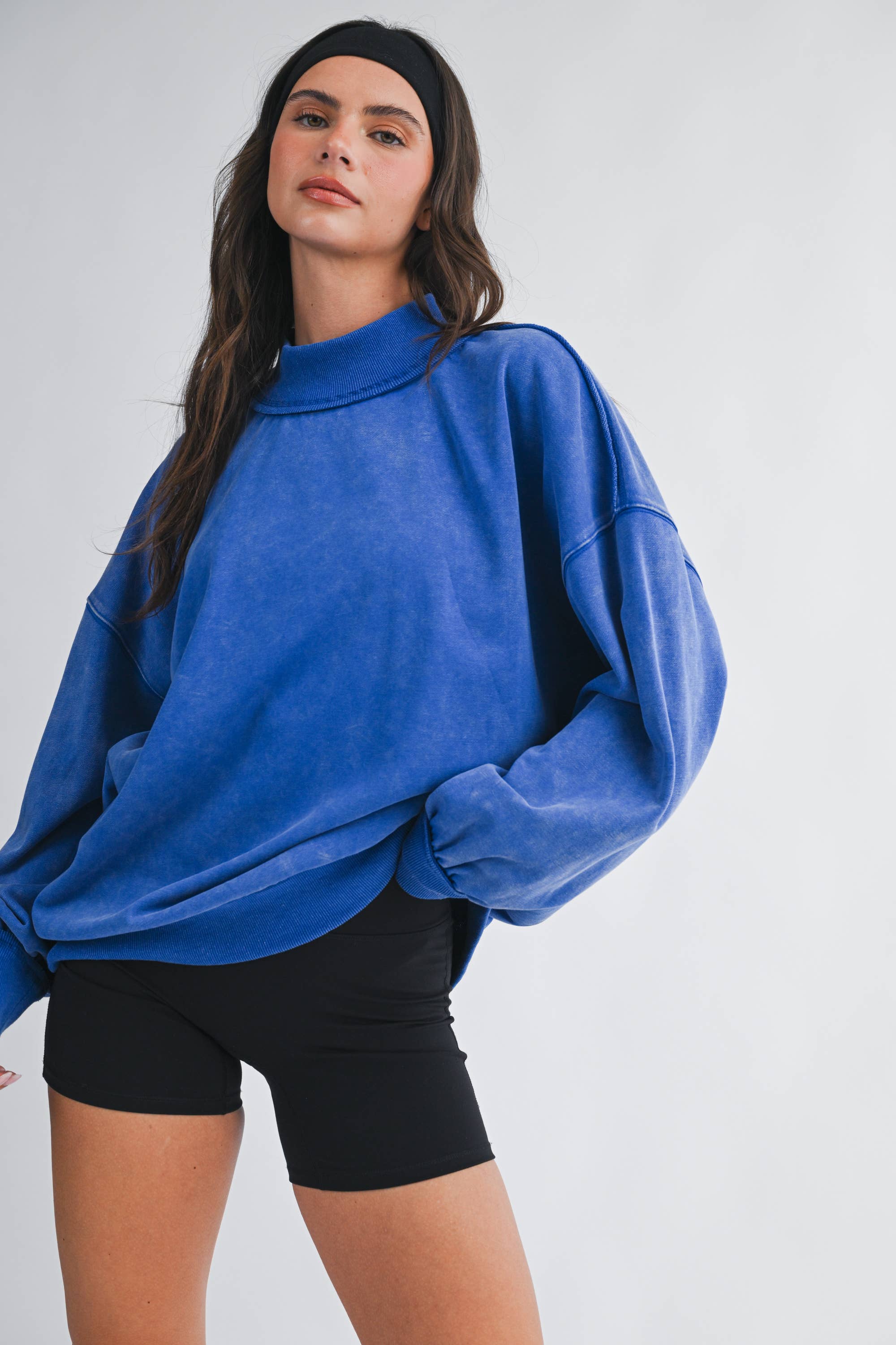 Oversized Mock Neck Washed Sweatshirt: Electric Pink
