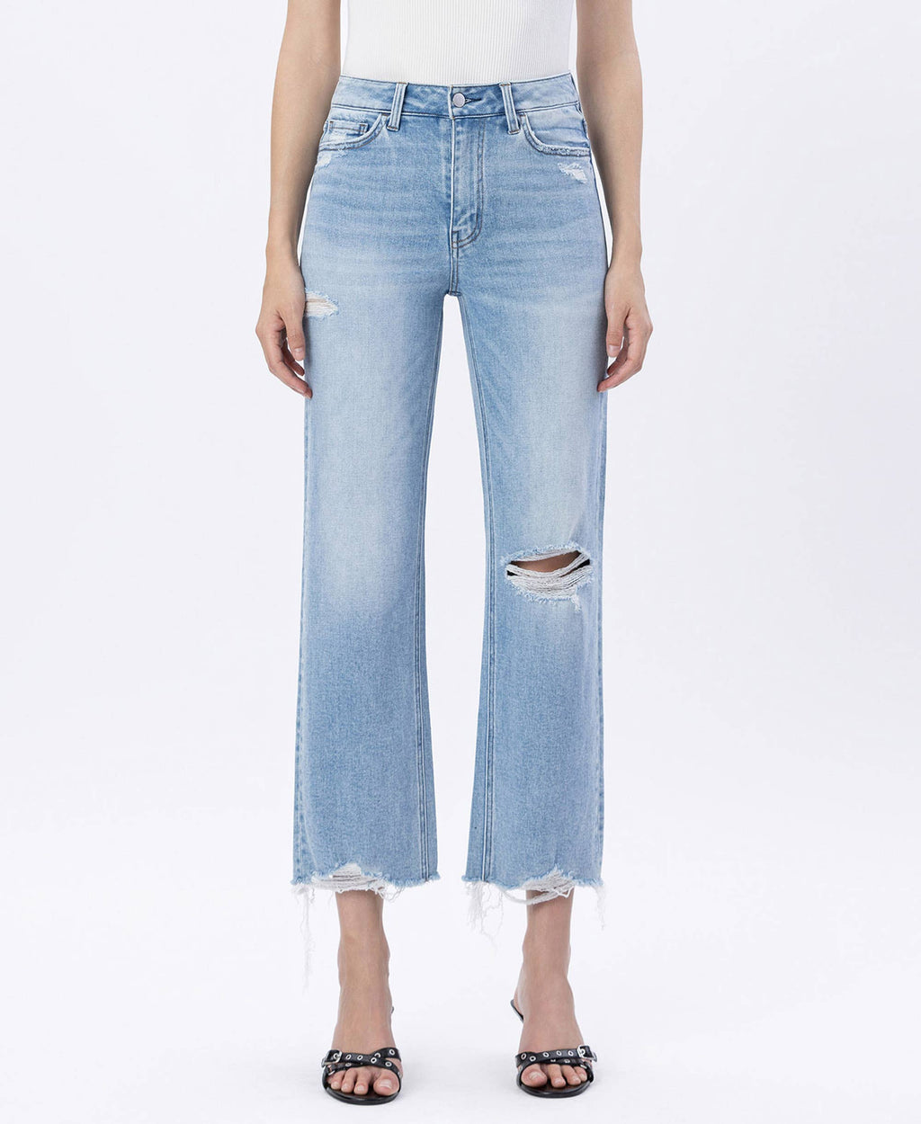 HIGH RISE DISTRESSED CROP SLIM WIDE JEANS