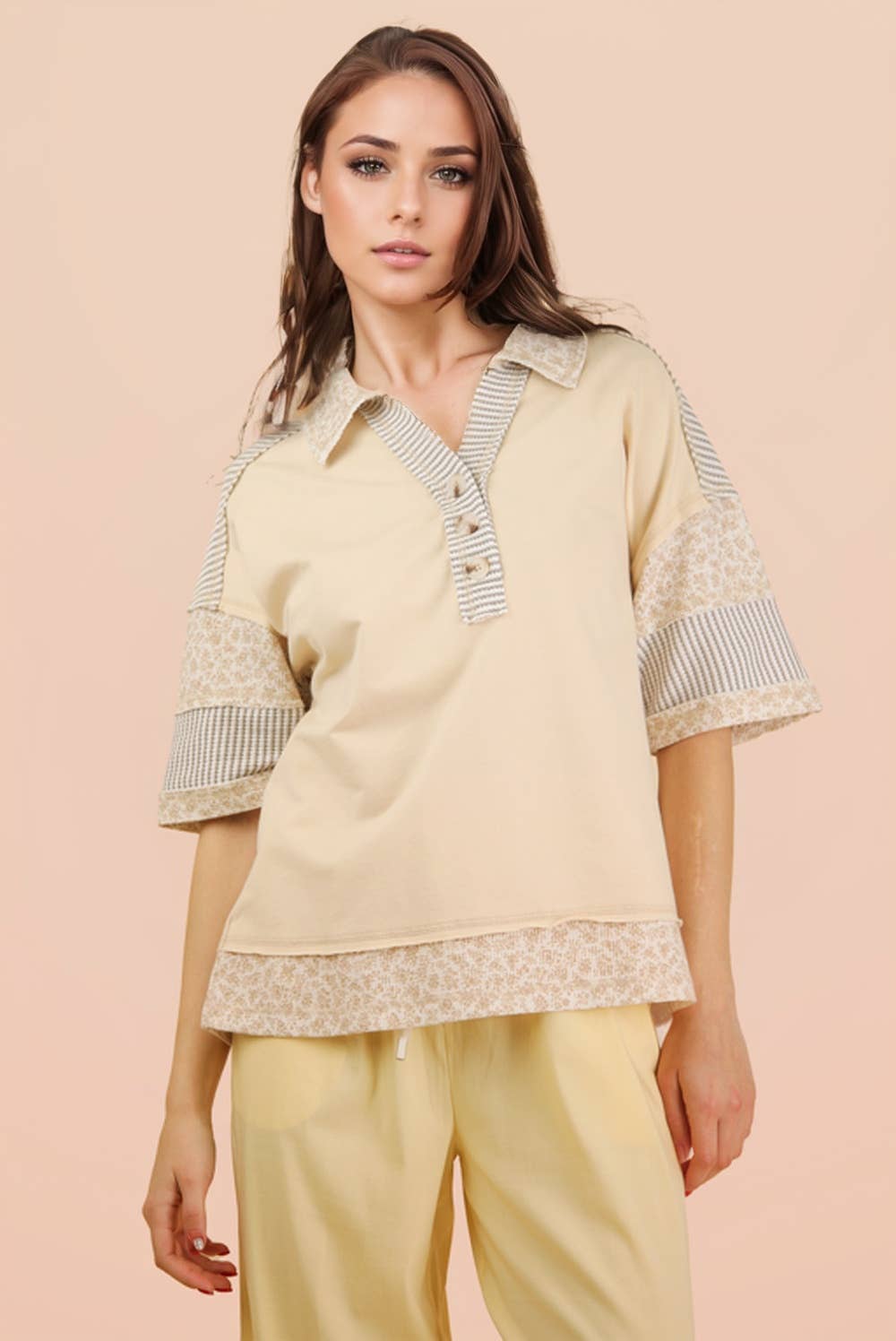 Oversized Half Button Down Collared Knit Top: SAGE