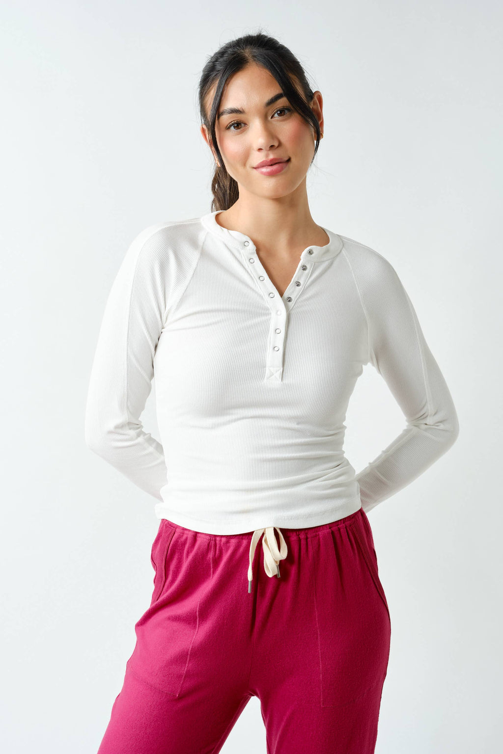 Essential Long-Sleeved Micro-Ribbed Henley Top: YELLOW GLOW