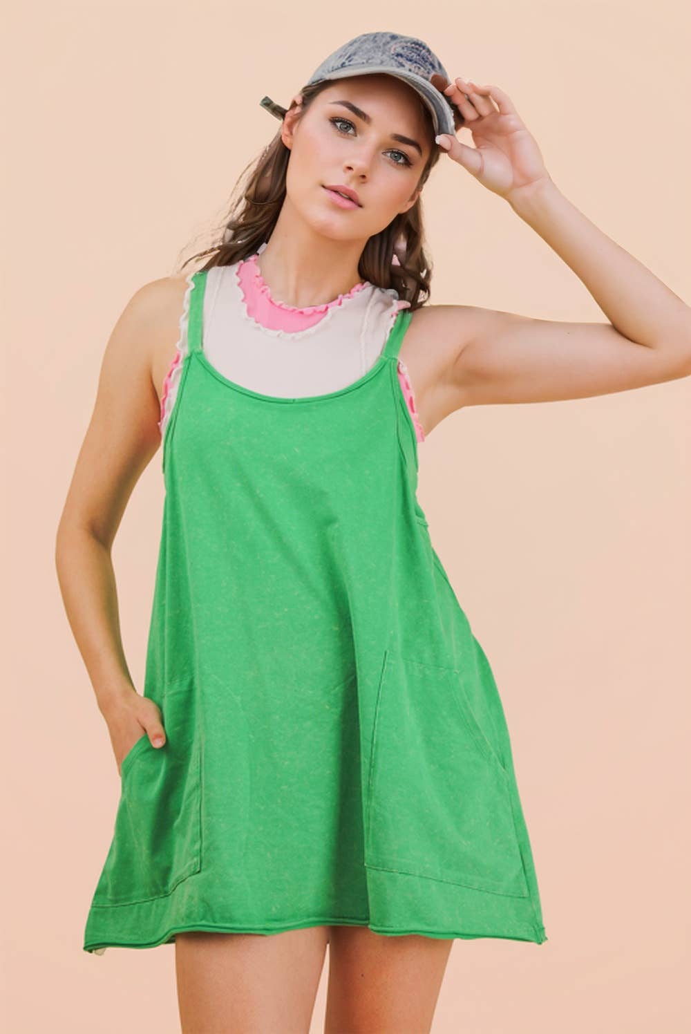Mineral Washed Knit Mini Dress with Shorts Inside : HOT PINK