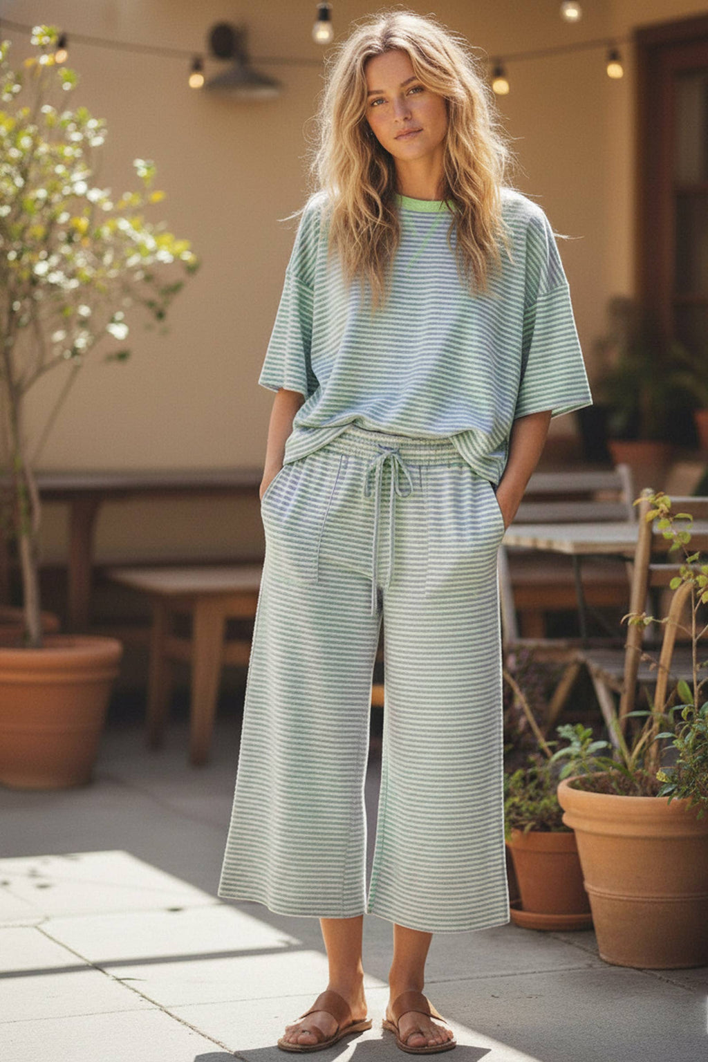 Striped Knit Top and Pants Set: PINK/BROWN