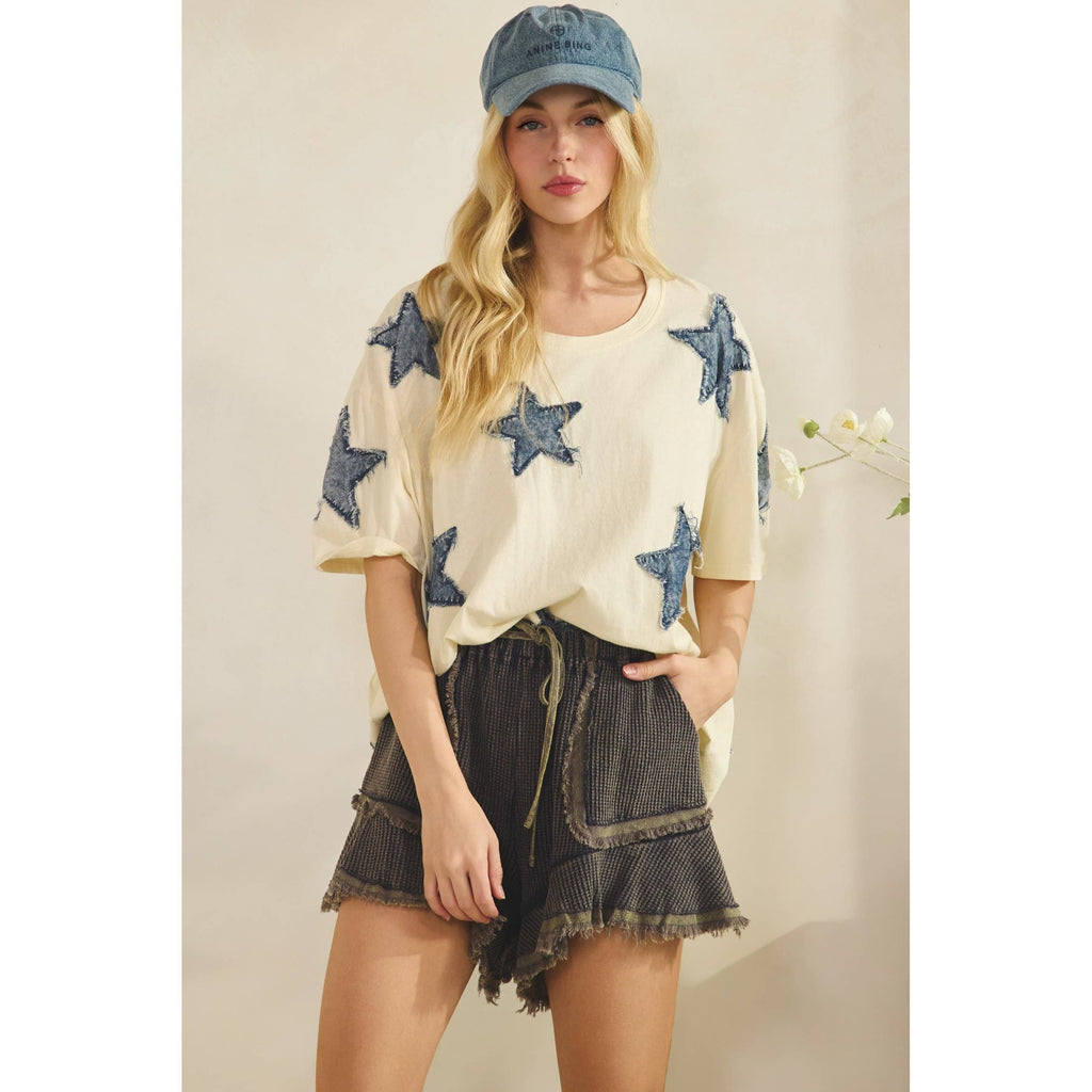 STARLIT DENIM APPLIQUE TEE DUSTY PINK