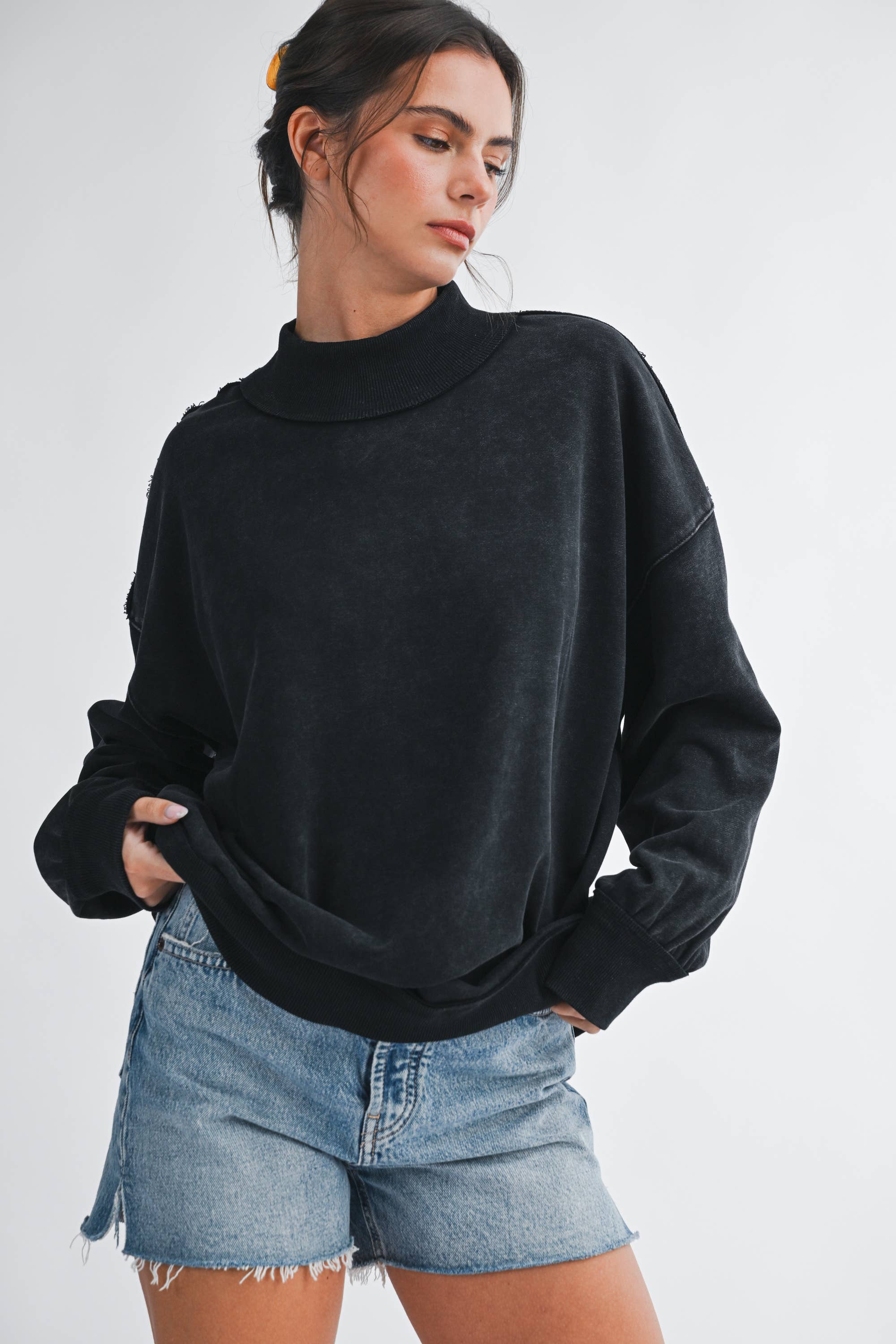 Oversized Mock Neck Washed Sweatshirt: Electric Pink