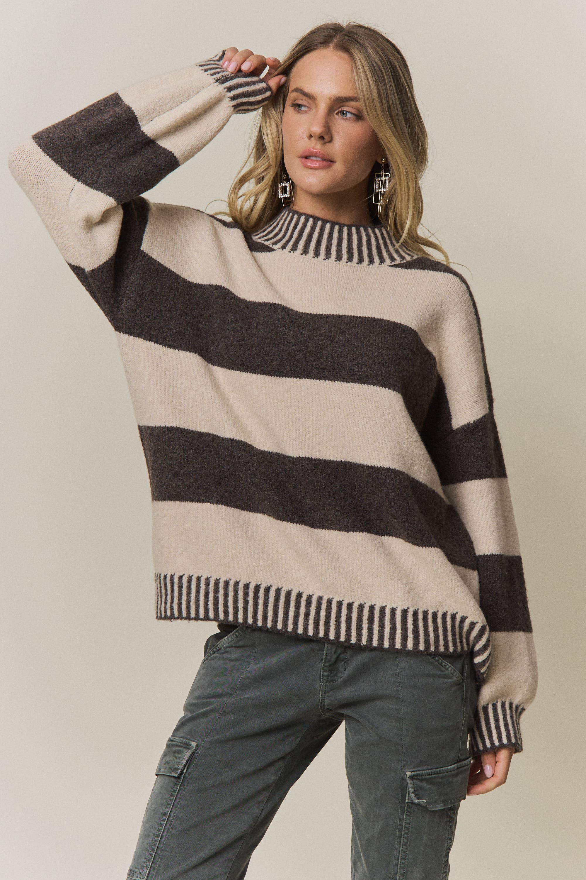 STRIPED MOCK NECK SWEATER