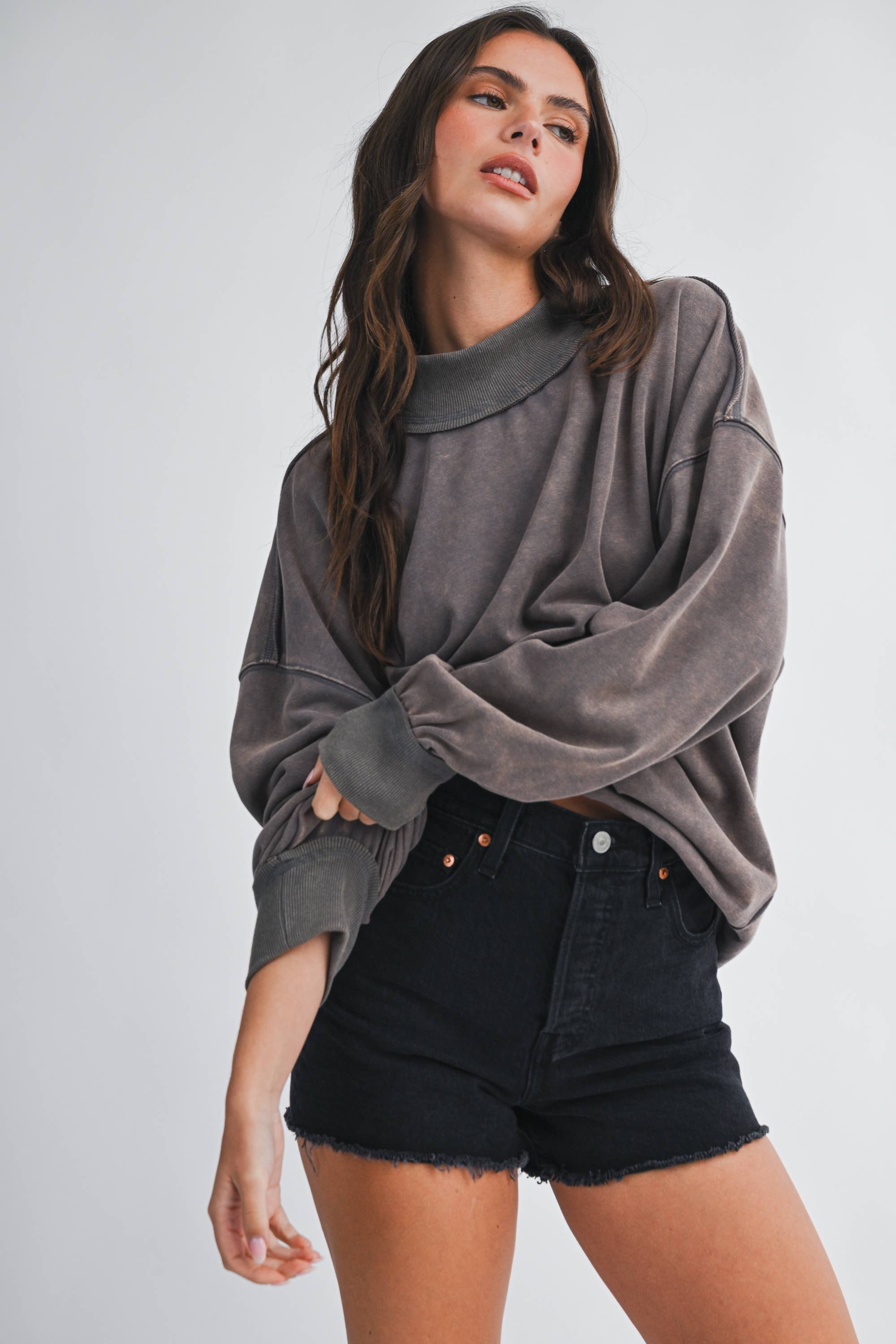 Oversized Mock Neck Washed Sweatshirt: Electric Pink