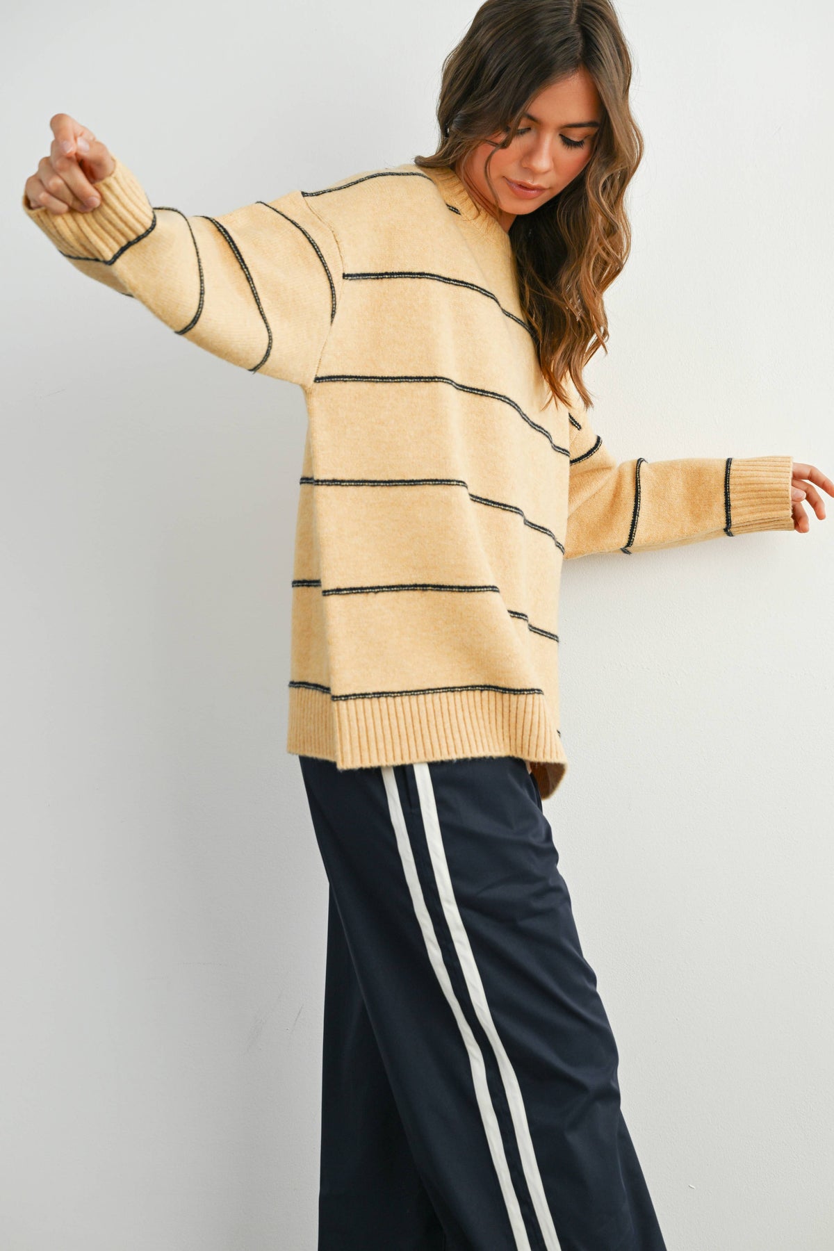 Striped Pattern Drop Shoulder Sweater - BMW7421: TAUPE MULTI / M