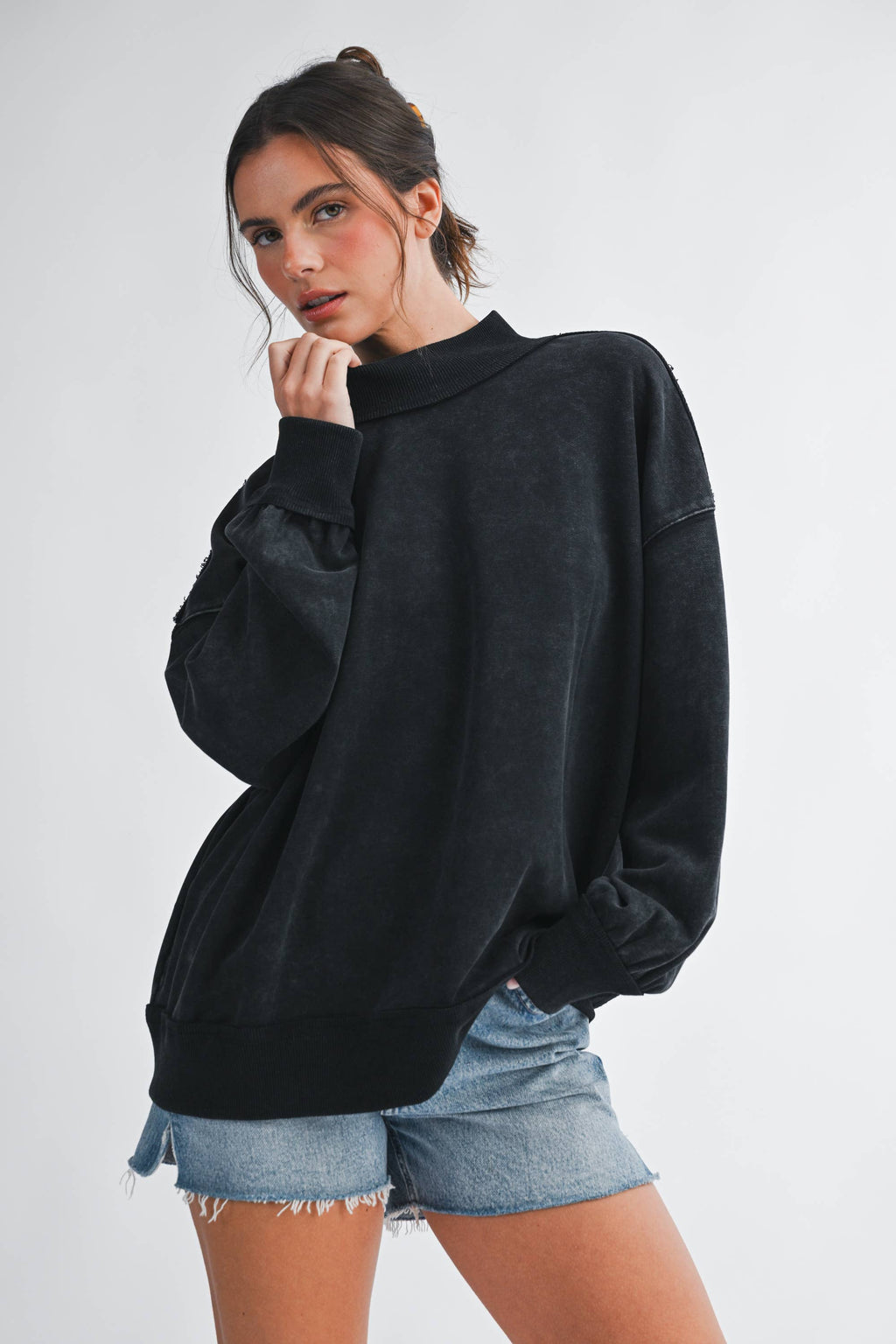 Oversized Mock Neck Washed Sweatshirt: Electric Pink