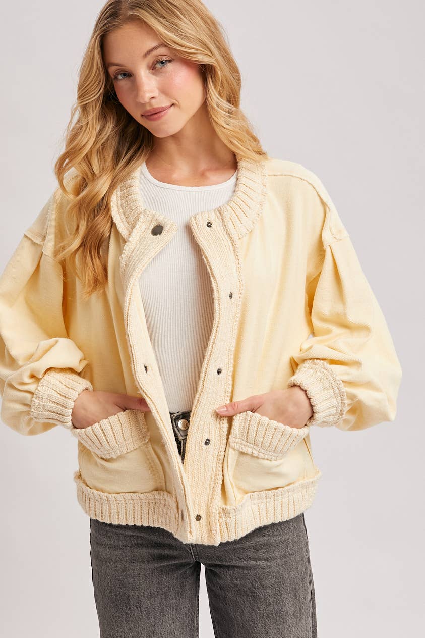 BUTTON DOWN RIBBED KNIT TRIM CARDIGAN