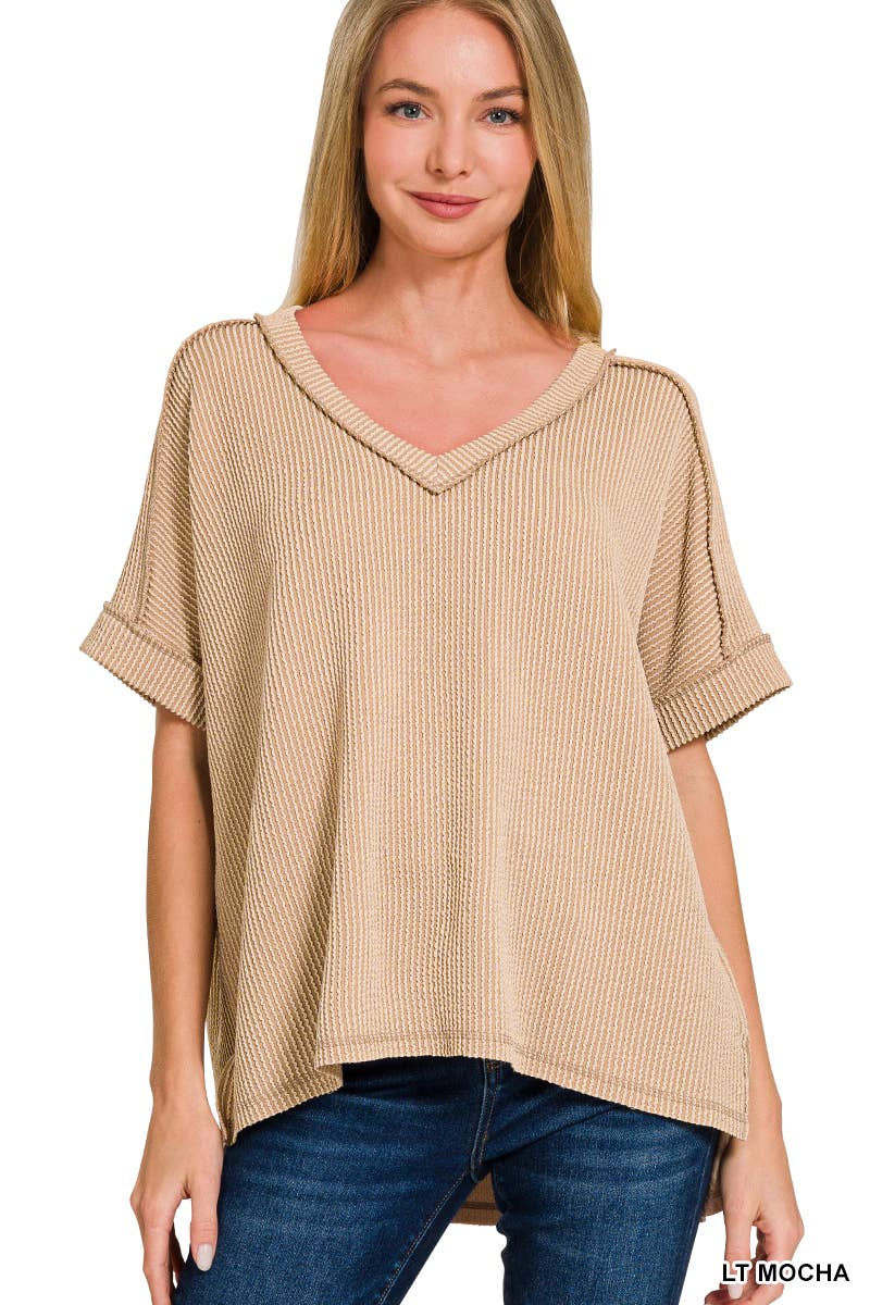 Corded Rib Short Sleeve Hi Low V Neck Top: BRIGHT BLUE