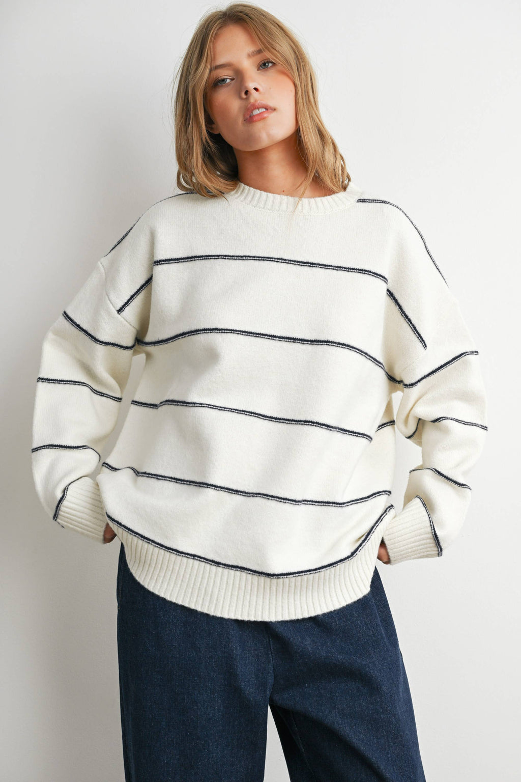 Striped Pattern Drop Shoulder Sweater - BMW7421: TAUPE MULTI / M