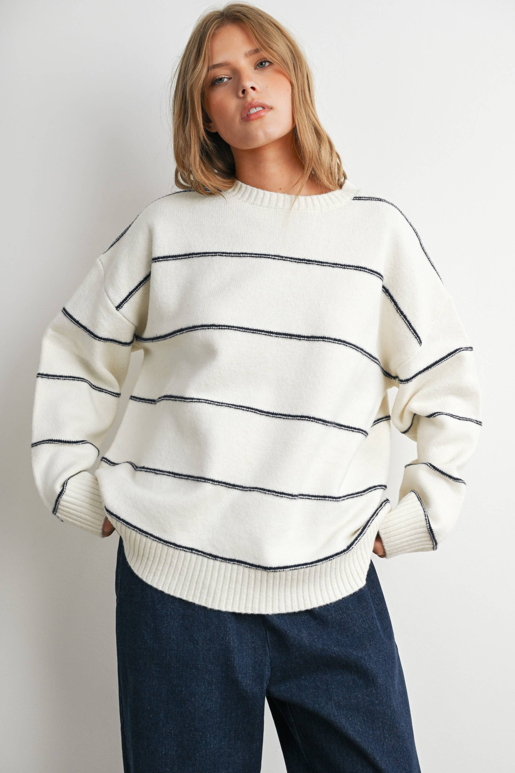 Striped Pattern Drop Shoulder Sweater - BMW7421: TAUPE MULTI / M