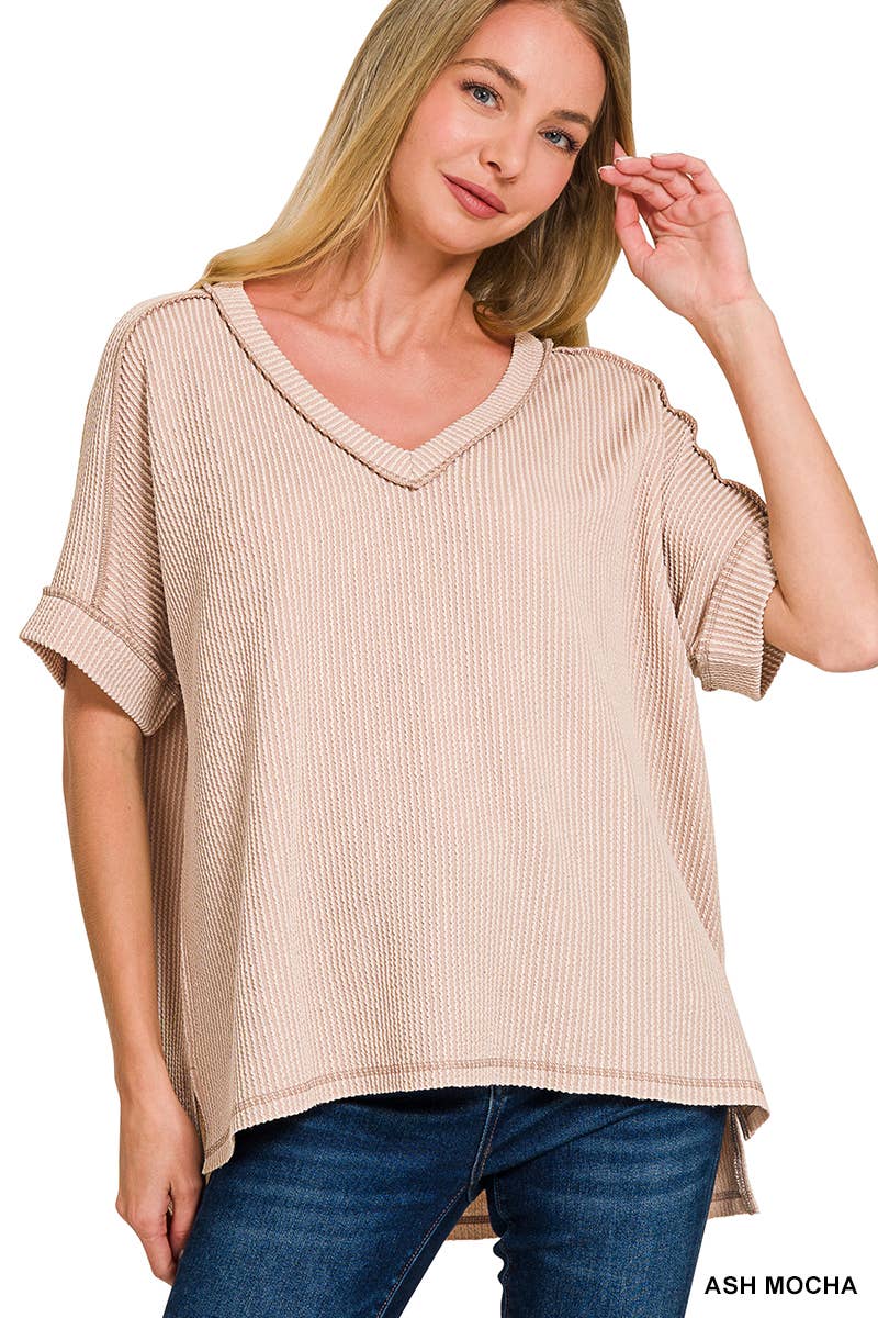 Corded Rib Short Sleeve Hi Low V Neck Top: BRIGHT BLUE