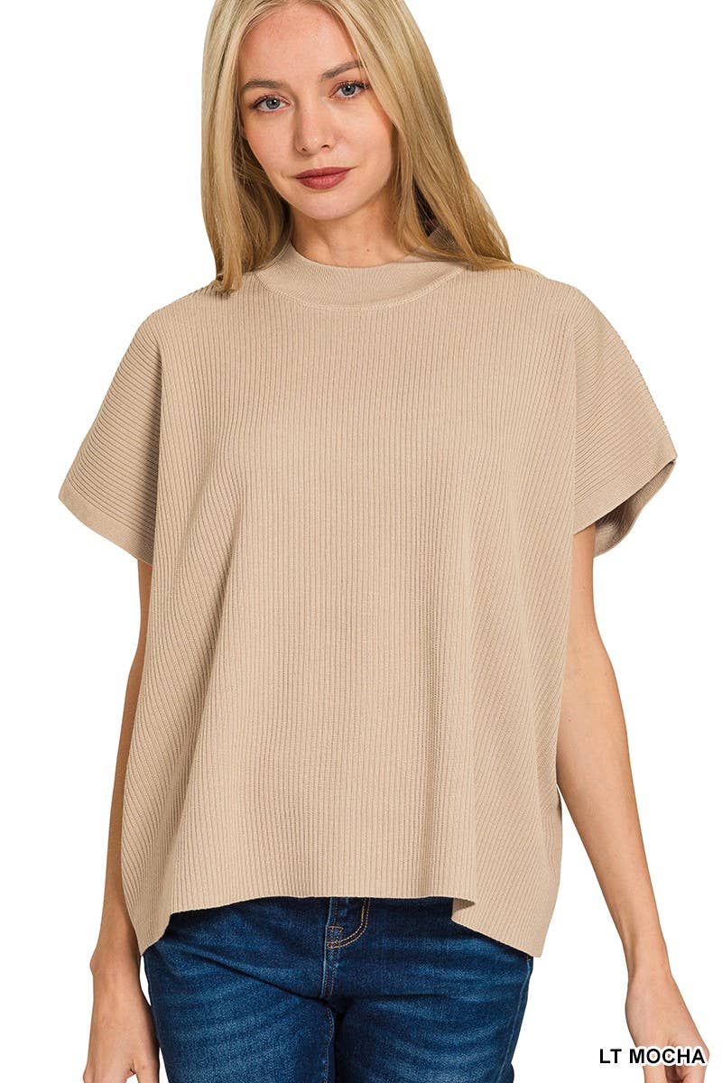 Viscose Mock Neck Short Sleeve Boxy Sweater: