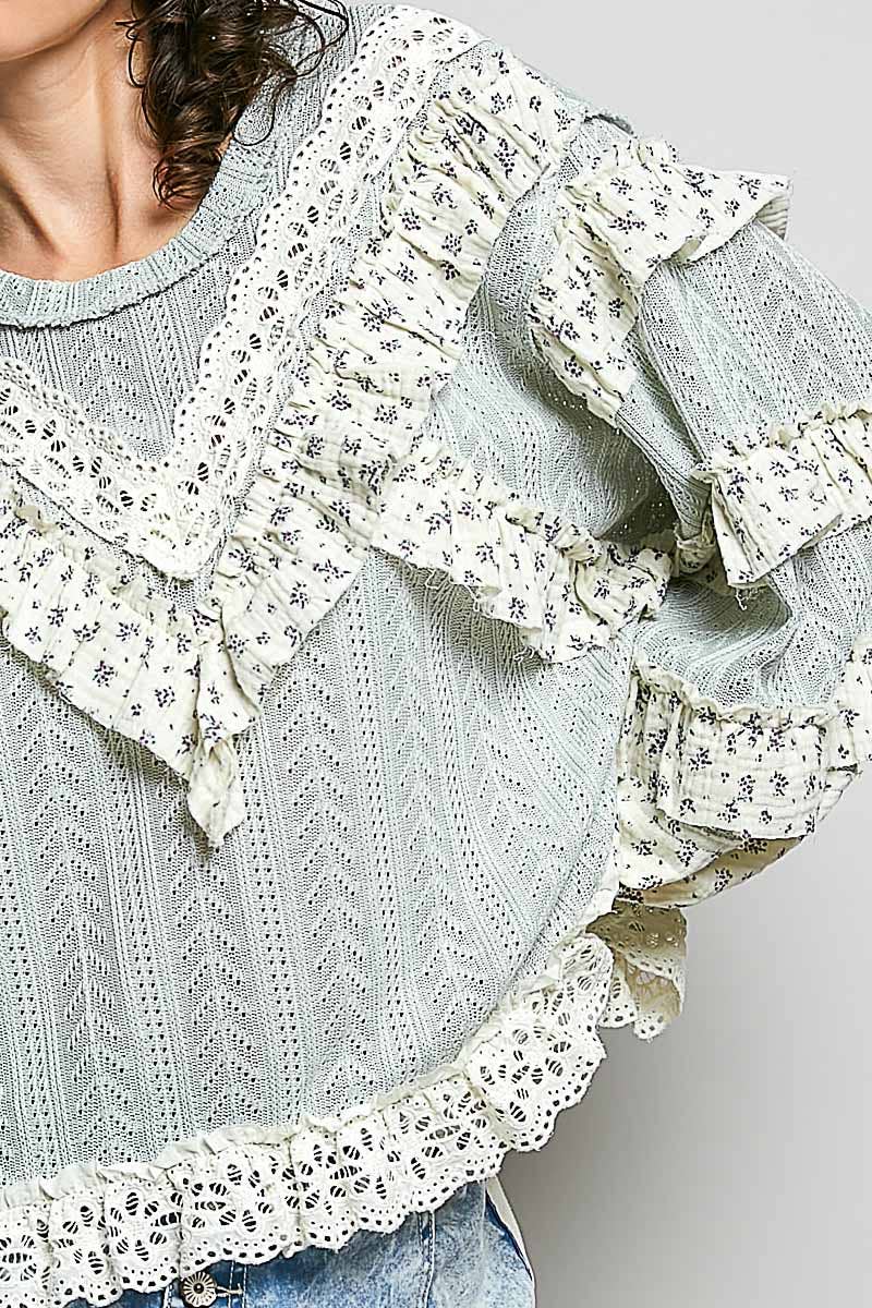 Chevron Knit Lace Inset Ruffle Long Sleeve Top