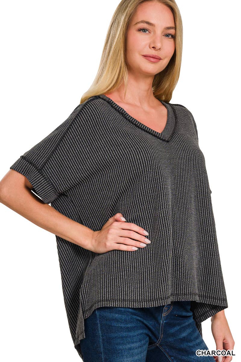 Corded Rib Short Sleeve Hi Low V Neck Top: BRIGHT BLUE