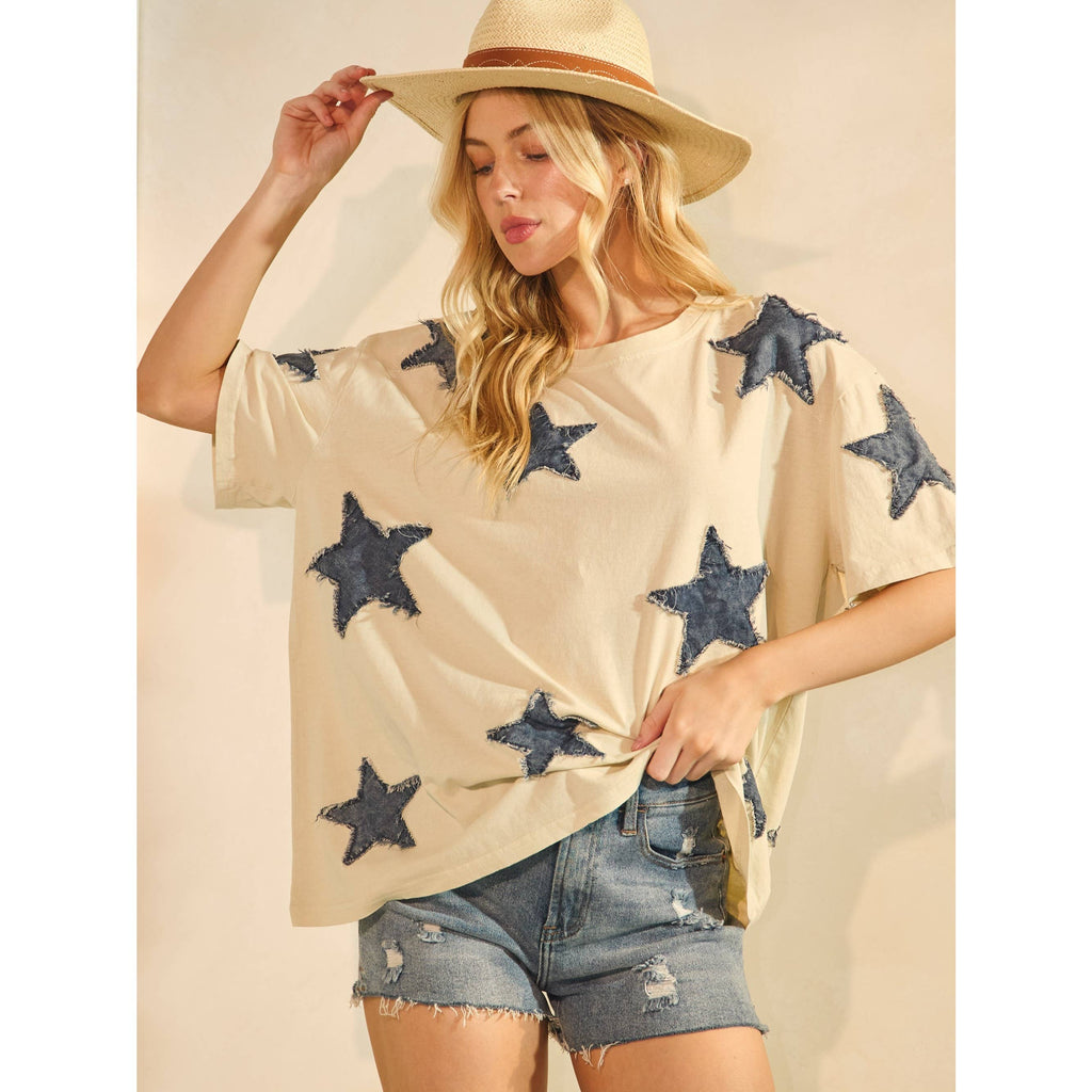 STARLIT DENIM APPLIQUE TEE DUSTY PINK