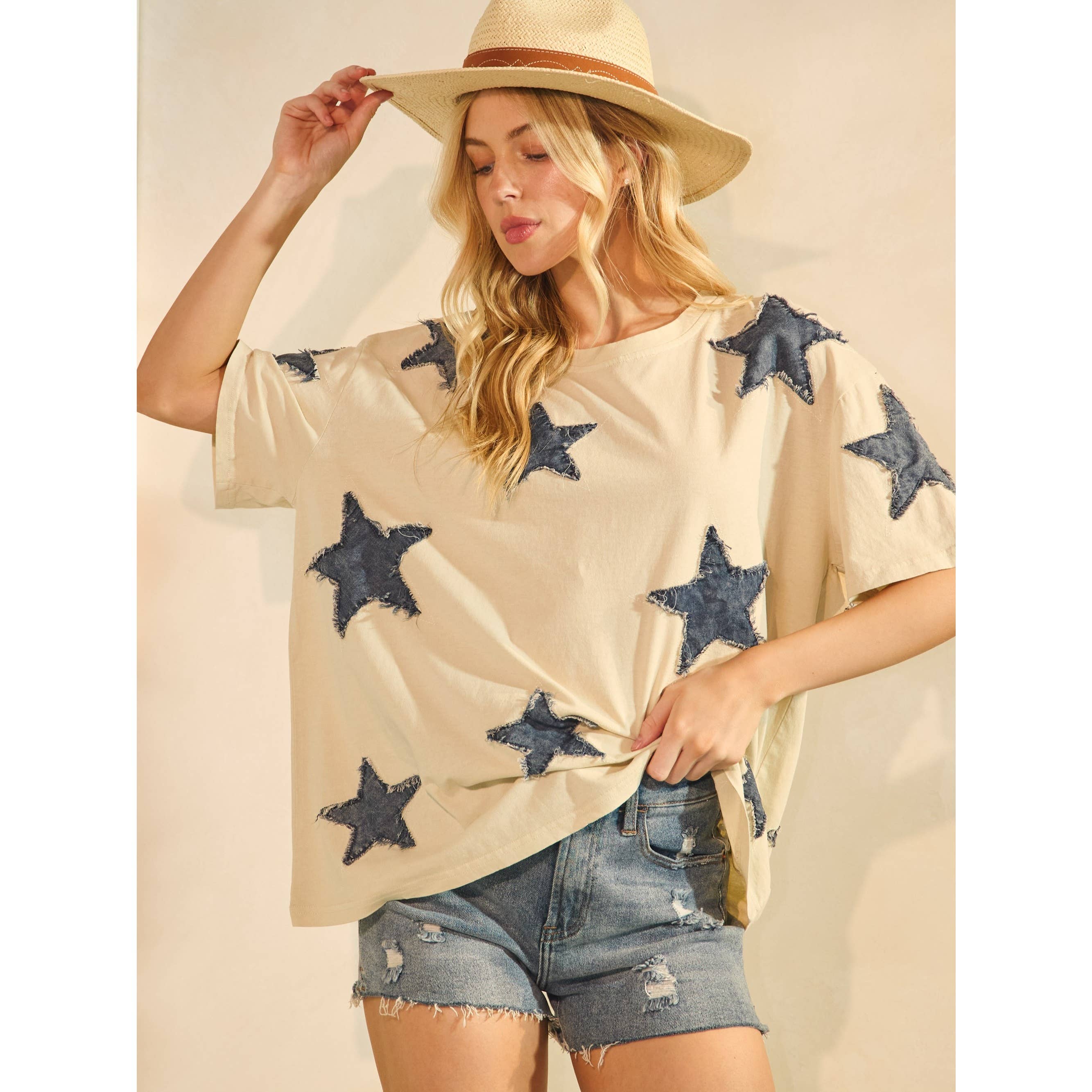 STARLIT DENIM APPLIQUE TEE DUSTY PINK