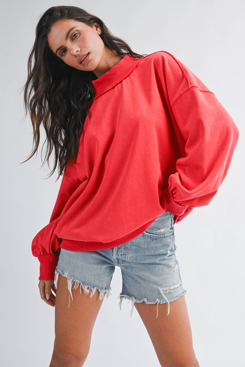 Oversized Mock Neck Washed Sweatshirt: Electric Pink