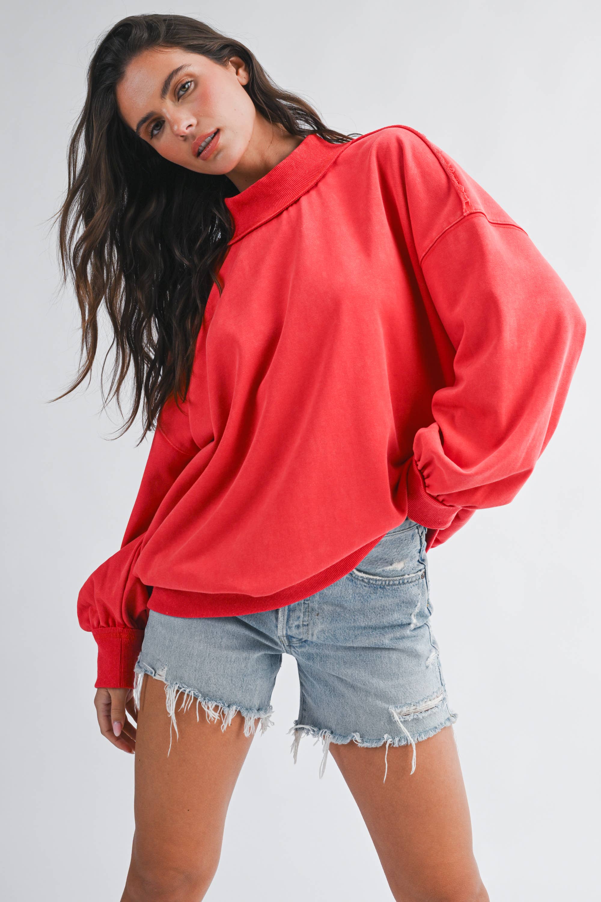 Oversized Mock Neck Washed Sweatshirt: Electric Pink