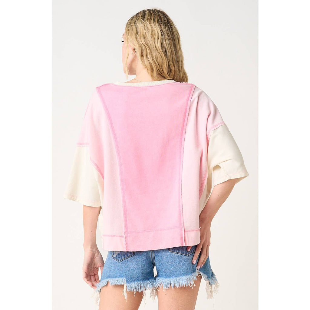 MINERAL WASH COLOR BLOCK RELAXED FIT SHORT SLEEVE TOP: SEAGLOW